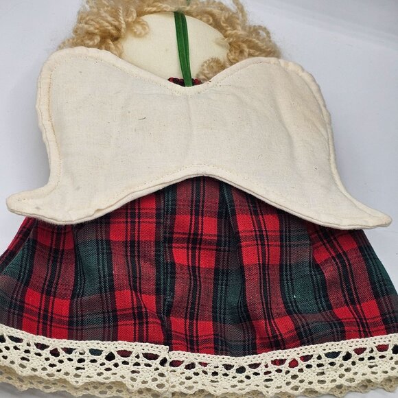 Vintage Handmade Angel Cloth Doll With Green Red Plaid Dress Lace Trim Christmas - Picture 8 of 9